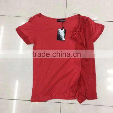 Good quality of latest designs flower trimming red t-shirt factory closeout