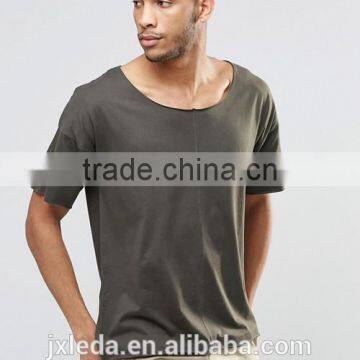 Men Cheap Plain Boat Neck Longline Army Green T-shirt Wholesale photo-4