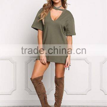 MGOO Customzied OEM Heavy Cotton 300g Tunic Tops Fashion Chocker Loose Oversized Shirts V Cut Out photo-3