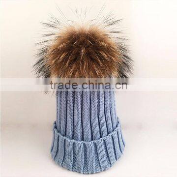 Myfur Adults Wholesale Winter Knitting Hat with Real Raccoon Fur Pom Pom