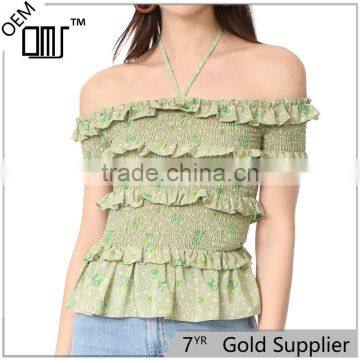 2017 OEM Femme Halter Ties Dainty Floral Elastic Ruffles Frill Blouse