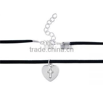 Antique Silver Black Heart Cross 33.5cm Long Velvet Suede Halloween Choker Necklace photo-2