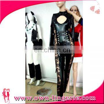 new arrival sexy leather bodysuit Lace lace leather black girls night clubwear