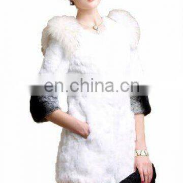 #00C051/long women's 100% real genuine rabbit fur coat jacket with raccoon trim with round collar