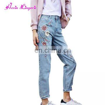 Wholesale Latest Designs Embroidery Light Blue Loose Girls Jeans Pants