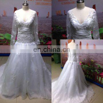 Actual images a line v neckline applique court train organza long sleeve wedding dress gown JWD005