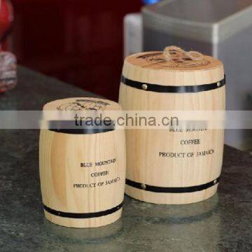 Silk printing finished wooden coffee bean gift barrel,small keg wooden for coffee