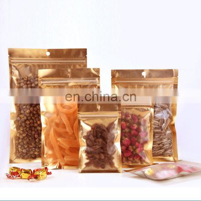 Gold Mylar Zipper Lock Resealable Bag Smell Proof Food Storage Metallic Foil Airtight Front Clear Plastic Candy Packaging Pouch