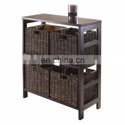 Espresso 5-Piece Wooden Storage Shelf Cabinet with 4-Foldable Baskets