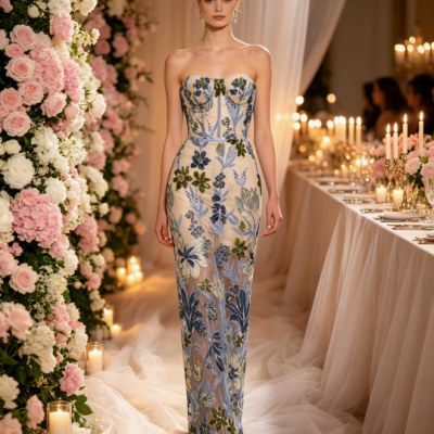 Evening gown, Socialite strapless mesh floral embroidered long dress, Banquet party dress,