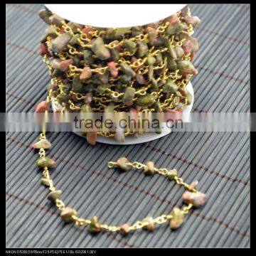 LFD-004C ~ Wholesale Natural Unakite Chip Beads Rosary Chains , Fashion Gem Stone Wire Wrapped Beaded Chain Jewelry Finding