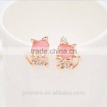 New Pure Gold Plate Cute Kitten Sweet Opal Cat Bowknot Stud Earrings photo-3