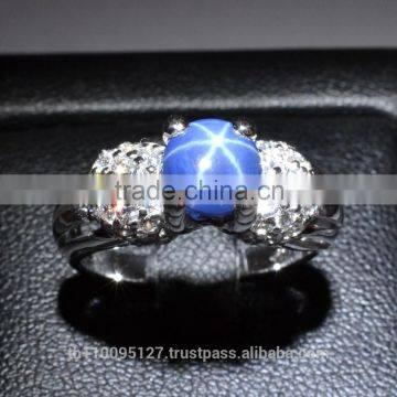 6 MM Blue Star Sapphire Ring Lab-Created Sterling Silver 92.5 Size 6.75