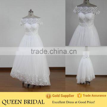 New Design Short Sleeve Transparent Back Lace Crochet Wedding Dress Short