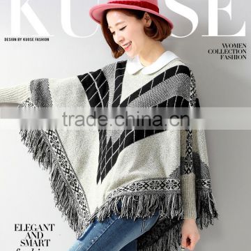 2015 European Geometric tassel bat sleeve cape coat long knit sweater