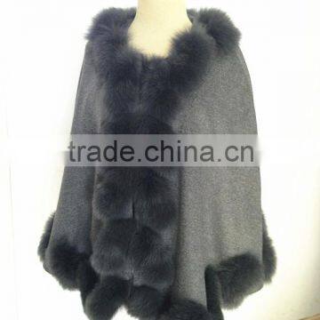 wholesale price cashmere cape with fur balls and trim