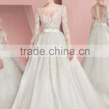 (MY110403) MARRY YOU Tulle V neck See Through Bodice Bridal Gown Backless Long Sleeve Lace Wedding Dresses