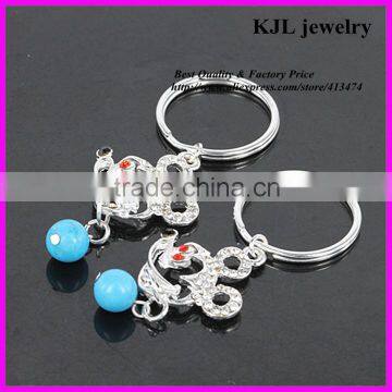 KJL-A0137 wholesale silver color crystal mickey mouse pendant keychains, turquoise bead finding jewleru making key ring