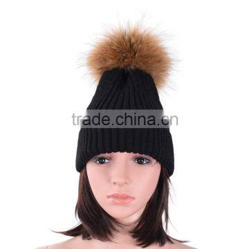 Women knit hat with ball top fur pompom knit hat KZ160048                        
                                                Quality Choice