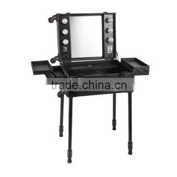 2016 Sunrise professional aluminum trolley makeup station with led lights mirror and stand leg for hairdressing artist