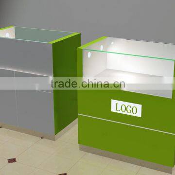 wood display stand with glass top counter