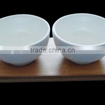 HM0047-6689 Durable porcelain 2pcs bowl set and wood tray