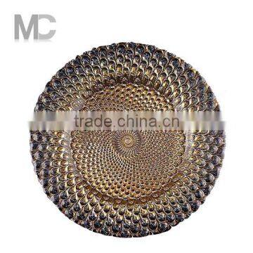 Glassware Manufacturer New Hot Wedding Black Feather Glass Charger Plate