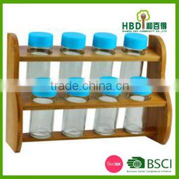 Eco-friendly wooden glass spice canister set with bamboo rack