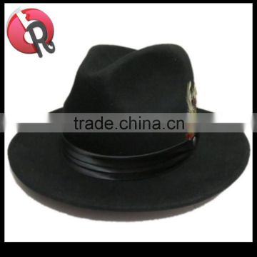 Mens Hat 100% Wool Wide Round Brim Fedora Cap Satin Feather Band Black