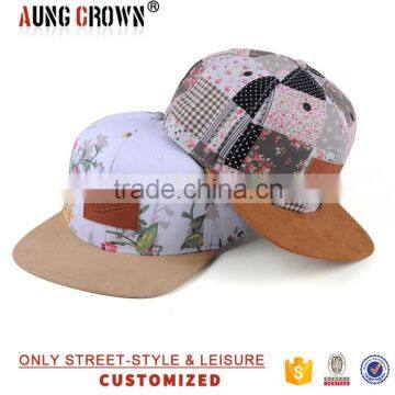Flower Printing Fabric Leather Patch 6 Panels Snapback Caps photo-3