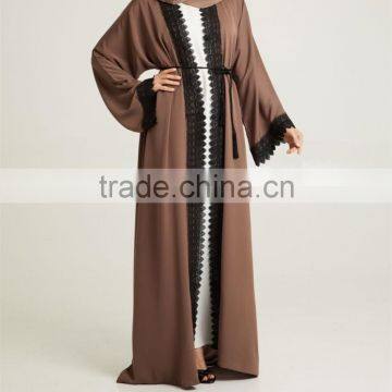 Dubai Wholesale Clothing 2017 Tassle Belt Lace Detailing Pop up Buttons Mocha Nida Open Dubai Abaya photo-4