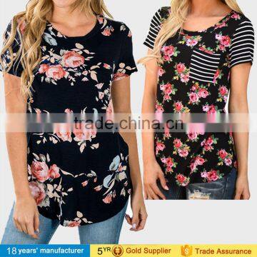 Cheap china casual tops clothing short sleeve round neck printed floral women t-shirt with flower designed