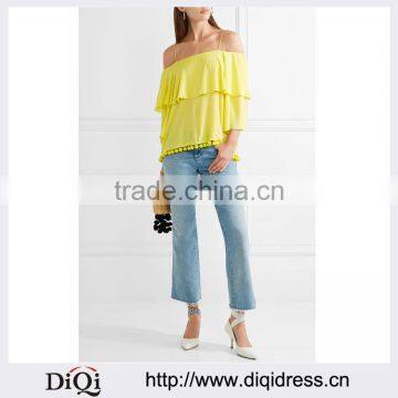 Wholesale Women Apparel Bright-yellow Off-the-shoulder Embellished Crepon Ton(DQE0394T)