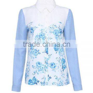 New Design Ladies Fashion Long Sleeves Allover Print Fabric Combination High Quality Direct Manufacture Flower Print Blouses photo-2