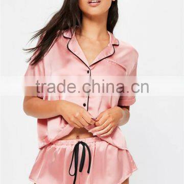 MGOO Custom Manufacturer Pink Satin Pyjama Sets For Women Buttons Up Slik Pink Sets Shirts And Shorts photo-2