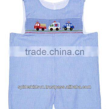 Infant / Toddler Boys Blue Gingham Smocked Rescue Trucks Shortall