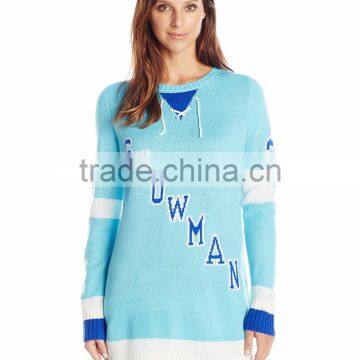 Women Light Blue Sweater Snowman Word Pattern Christmas Sweater Ugly