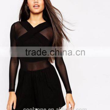 Sexy Cross Front Mesh Insert Jersey Romper Fashion Adult Romper Pattern photo-2
