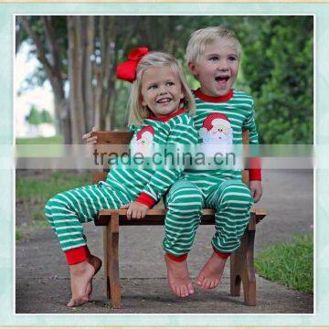 2017 wholesale cotton women green stripes Santa Claus applique sibling pajamas