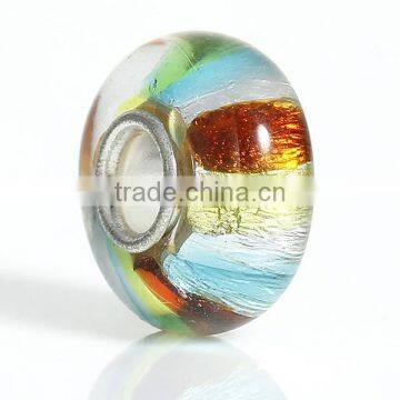 Round Silver Plated Core Stripe Multicolor Transparent Lampwork Glass European Style Large Hole Charm Beads