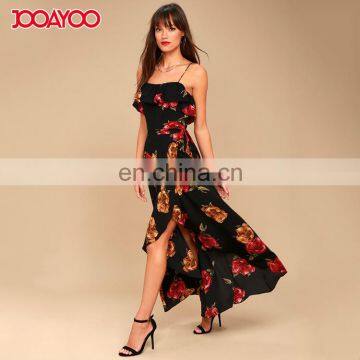 Women Casual One Piece Shoulder-straps Wrap Dress Black Long Floral Print Dress
