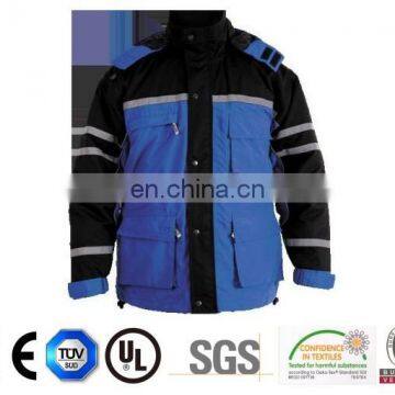 blue and black winter safety coat