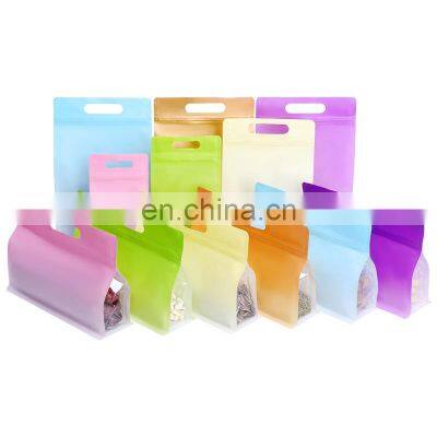 Stock Colorful Horizontal Vertical  Stand Up Zipper Ziplock Plastic Bag with Handle Packaging Pouch for Gried Fruit Snack Candy