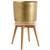 brass metal planter with wood stand