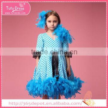 Party blue feather dress soft cotton girl winter feather tutu dress