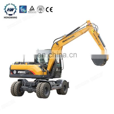 Hengwang HW80L new design compactor attachment trench wheel type large bucket mini wheel excavator for sale