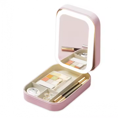 Portable LED Lighted Makeup Mirror With Multi-Functional Rechargeable Cosmetics Storage Case photo-3