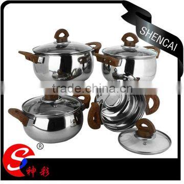 wooden handle stainless steel shallow cooking pot/ kitchen utensils/ stock pot