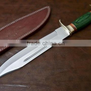 Bowie Hunting knife 440c Blade Brass thumb guard and green Pakkawood handle overall 16"