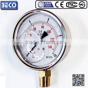 100mm Liquid filled stainless steel case Bourbon tube Pressure gauges with bottom mounting